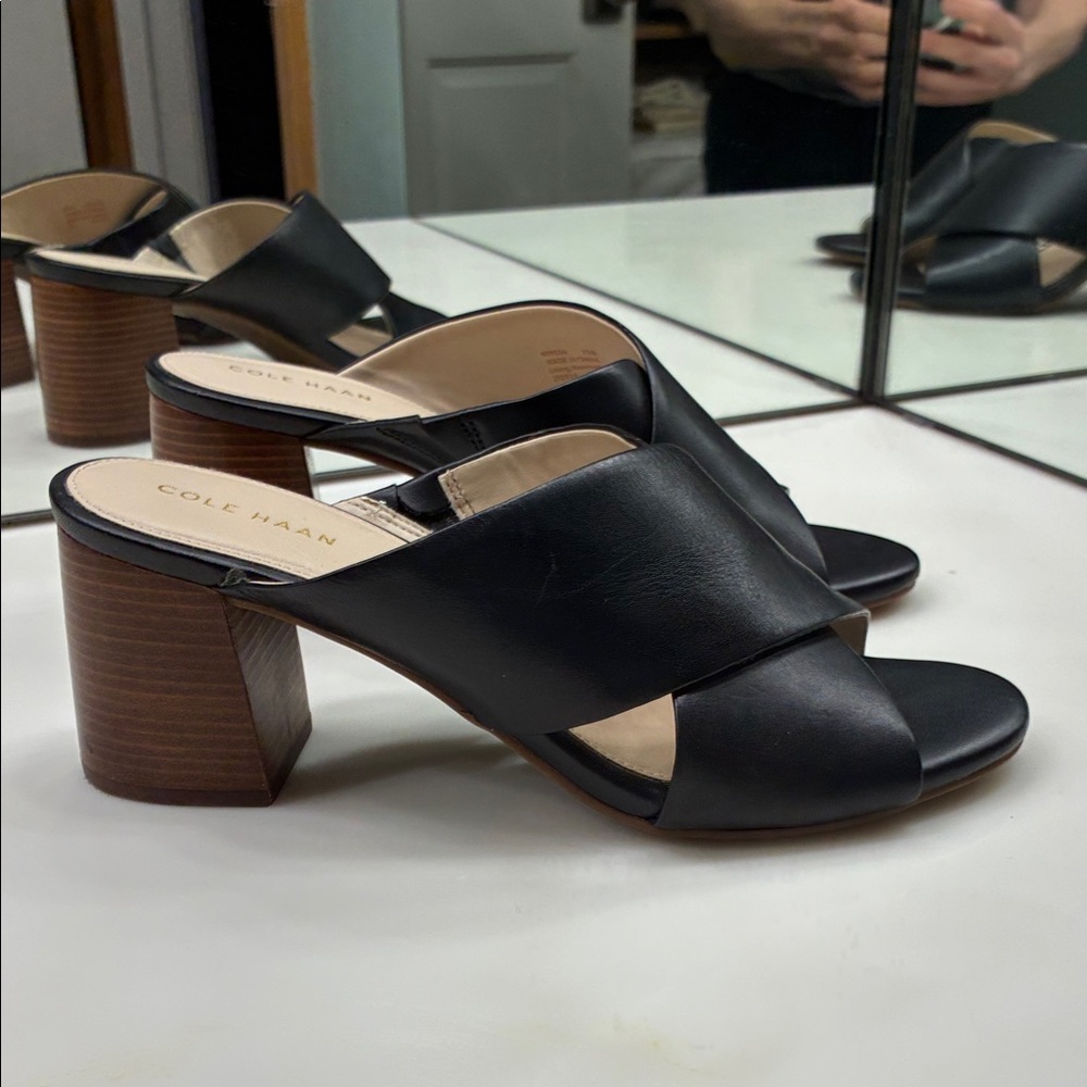 Cole Haan Dakota Black Leather Mules with Brown Block Heel
